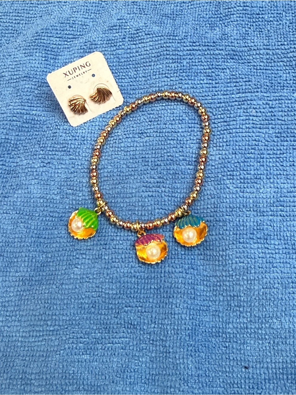 Ping Gold Beaded Bracelet with Green, Purple and Blue Shell Charms Stainless
